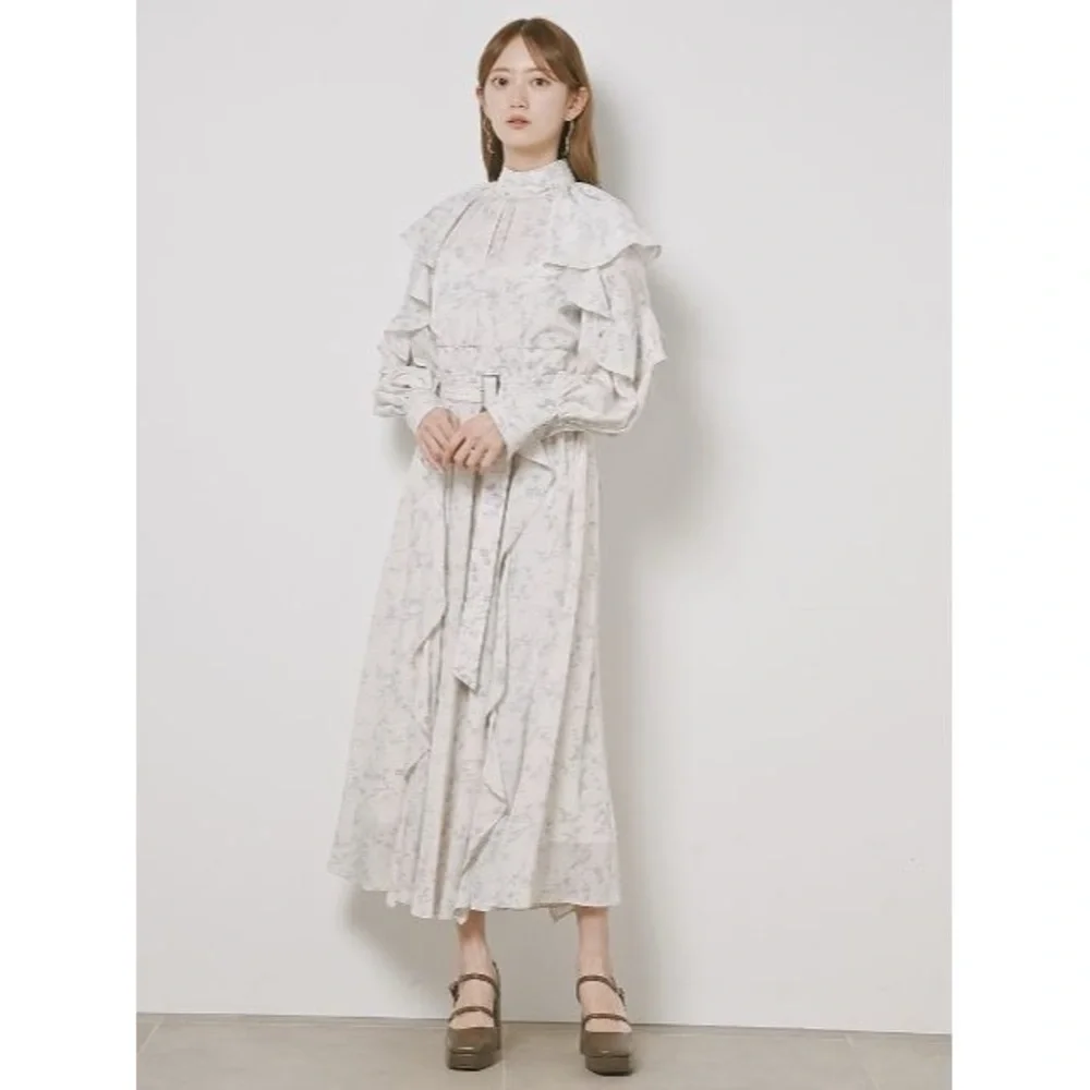 NWOT Snidel Frill Floral Bird Long Sleeve Elegant Feminine Ruffle Dress XS/S - Picture 2 of 16